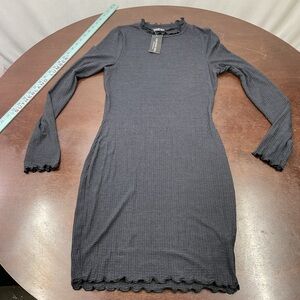 Fashion Nova Black Ribbed Long Sleeve Lettuce-Edge Bodycon Dress